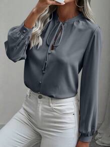 SHEIN LUNE Women's Solid Color Belted Long Sleeve Blouse - Dusty Blue - View 1