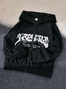 1pc Girls Letter Embroidered Hooded Casual Sweatshirt - Dark Grey - View 1