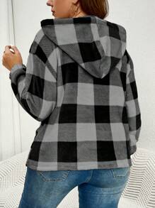 SHEIN Essnce Sudadera holgada casual con capucha a cuadros para mujer de talla grande