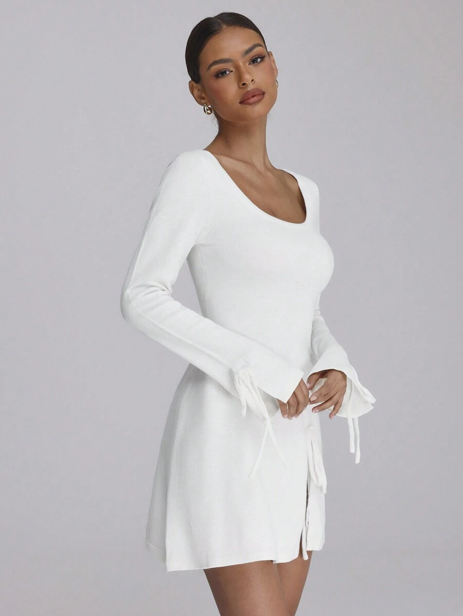 Forever 21 White Split Bell Sleeve Crew Neck Sweater Dress, Fall/Winter - White - View 1
