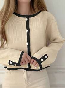DAZY Women's Color Block Crew Neck Fitted Cardigan For Autumn,Fall Women Clothes - White - View 5
