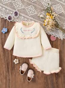 SHEIN Baby Girls' Embroidered Sweater Outfit, Beige, Warm And Fashionable For Spring, Fall, Winter, Suitable For Daily, Outdoor, Travel, Private, Home, Daycare, School Occasions