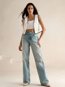 Anewsta 白色花卉蕾丝刺绣撞色复古背心