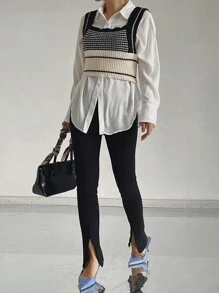 DAZY Women Contrast Color Patchwork Super Short Suspender Knit Camisole Top Fall - Black and White - View 8