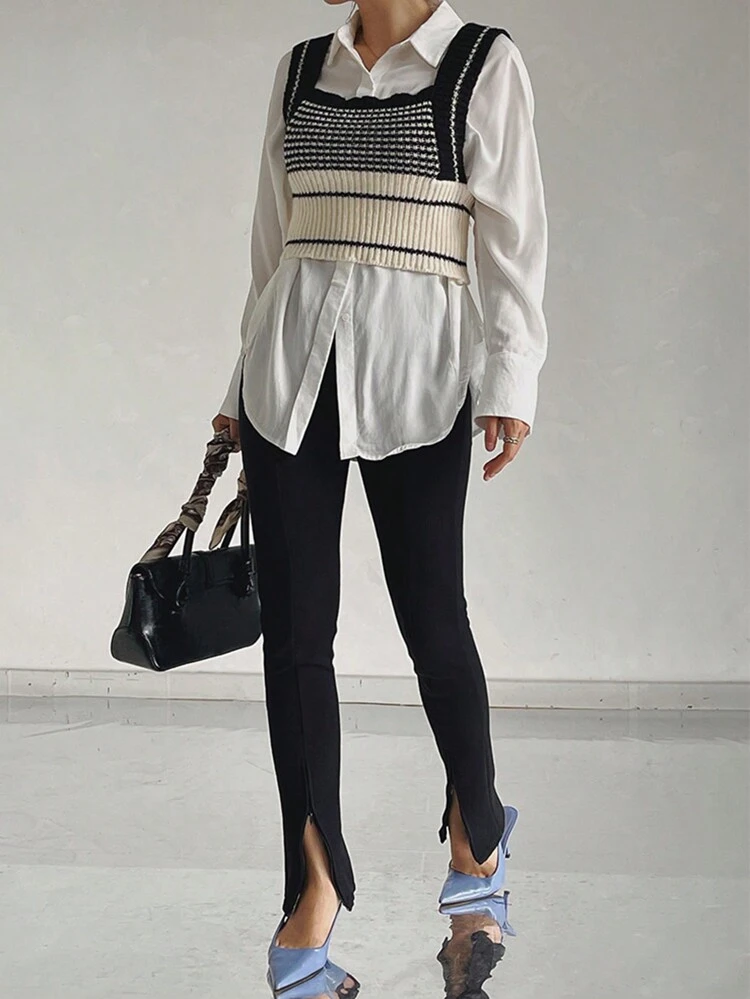 Women Contrast Color Patchwork Super Short Suspender Knit Camisole Top Fall