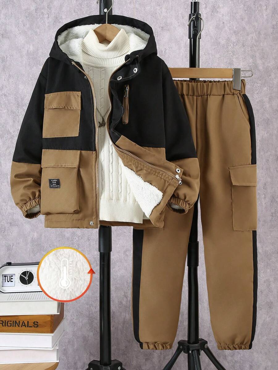 SHEIN 2pcs Tween Boy Workwear Thermal Patchwork Outdoor Fleece Jacket And Warm Pants Set, Autumn/Winter - Brown - View 1