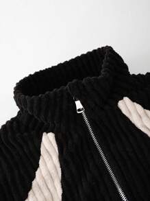 Tween Boys Contrast Corduroy Patchwork Printed Casual Jacket, Ideal For Daily Wear - Black and White - View 4