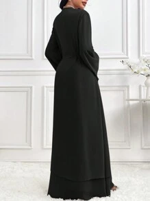 Al Najma Áo choàng Abaya cổ tròn dài tay loe buộc eo thanh lịch cho nữ, phong cách thanh lịch giản dị cho trang phục thường ngày/công sở/ngày lễ/tiệc tối/khách dự tiệc cưới - màu đen - Xem 2