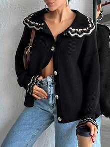 EURMUSE Woman Collar Detailed Ruffled Regular Fit Casual Style Winter Cardigan - Black - View 6