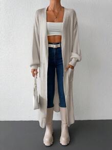 EURMUSE Cárdigan de manga larga oversized para mujer con bolsillos grandes, color liso - Albaricoque - Ver 5