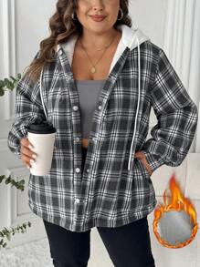 SHEIN LUNE 大码女式休闲格子连帽大衣棉质夹克 - 彩色 - 查看 2