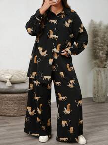 SHEIN LUNE Bộ đồ 2 món thường ngày họa tiết hổ cỡ lớn cho nữ, mùa thu - màu đen - Xem 1