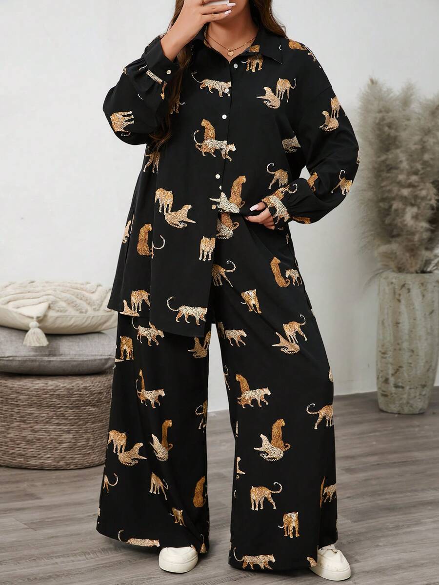 SHEIN LUNE Bộ đồ 2 món thường ngày họa tiết hổ cỡ lớn cho nữ, mùa thu - màu đen - Xem 1