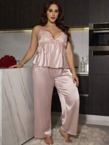 SilkySpell 1pc Plus Size Butterfly Embroidered Faux Silk Sexy Backless Camisole And Pants Pajama Set - Pink - View 3