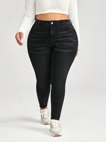 SHEIN CURVE+ 黑色大码牛仔裤休闲紧身弹力长裤，内衬更保暖