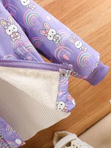 SHEIN Young Girls Rabbit Pattern Hooded Thermal Lined Jacket, Children Casual Cardigan For Back To School, Fall/Winter - Purple - View 5