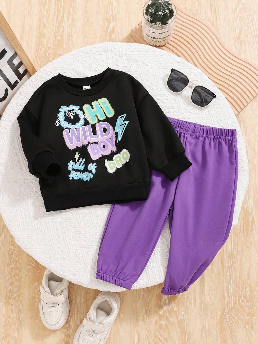 Baby Boy Autumn/Winter Casual Black Print Sweatshirt Set - Black - View 1
