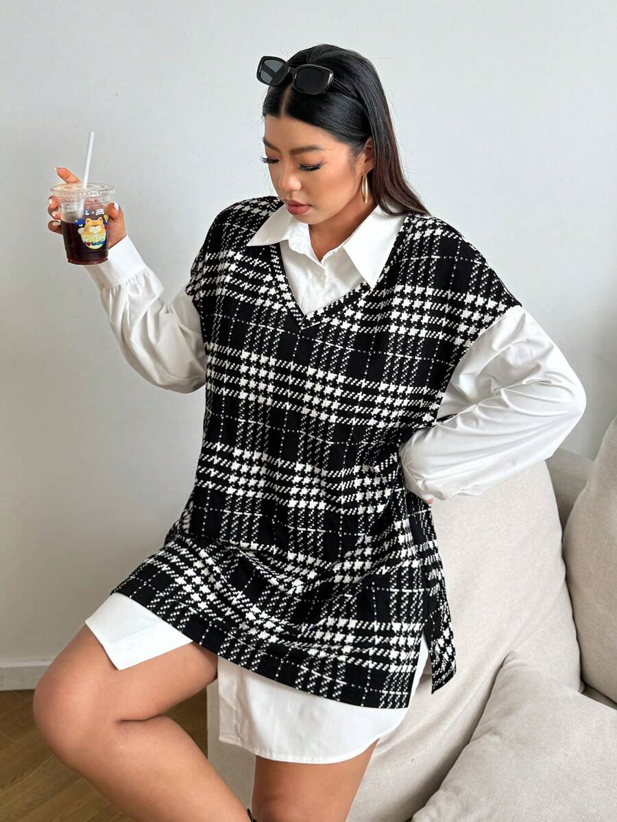 SHEIN EZwear Plus Size Loose Long Plaid Print Tank Top + Shirt Dress 2pcs Set