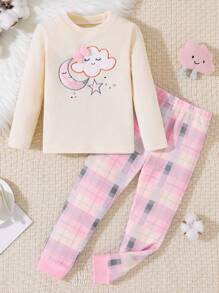 2 件套年轻女孩杏色简约可爱兔子印花紧身长袖运动衫和长裤休闲家居服套装 - 杏色 - 查看 1