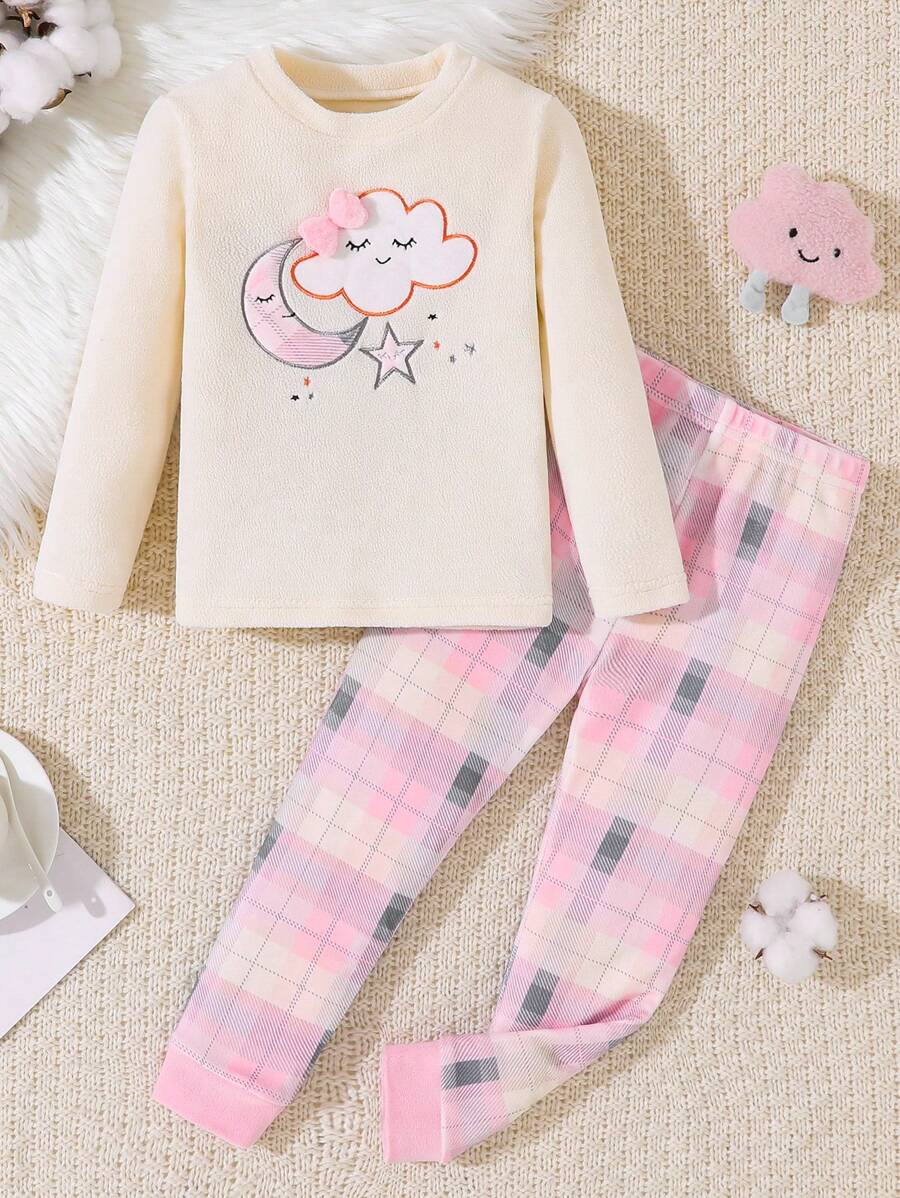 2 件套年轻女孩杏色简约可爱兔子印花紧身长袖运动衫和长裤休闲家居服套装 - 杏色 - 查看 1