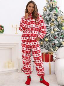 SHEIN Privé Áo nỉ rộng rãi in hình tuần lộc và bông tuyết mùa thu cho nữ - Màu be - Xem 6