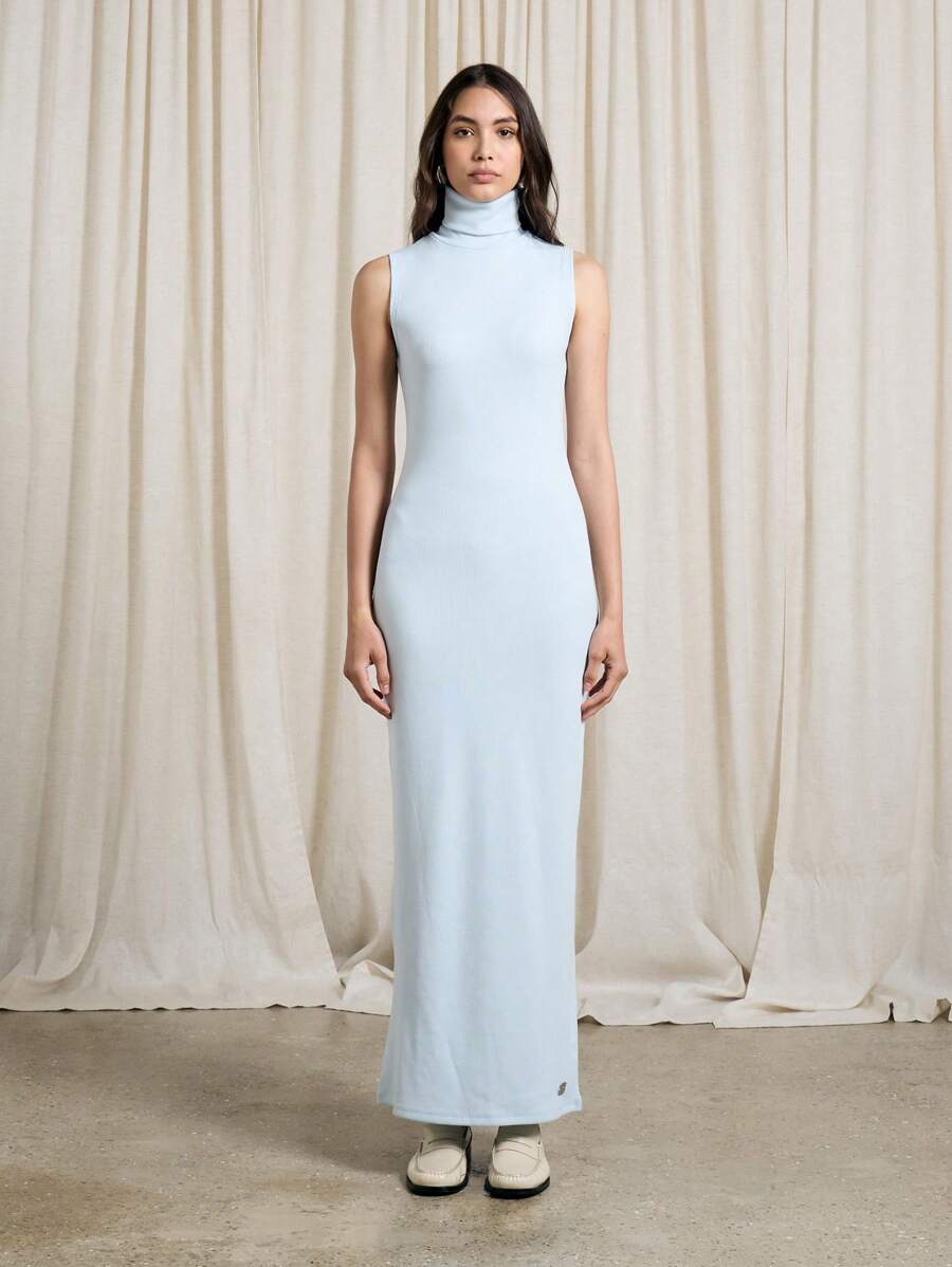 AiiRZ 罗纹高领无袖超长连衣裙 - 淺藍色 - 查看 1