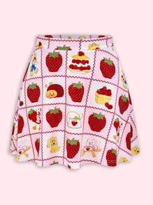 Strawberry Shortcake X SHEIN Summer Sweet And Cute Style Strawberry Pattern Pink Stretch Skirt