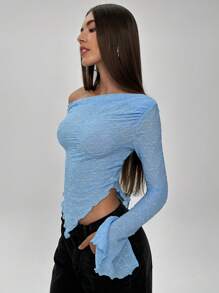 Aloruh 女式休闲优雅纯蓝色不对称下摆纹理修身长袖衬衫