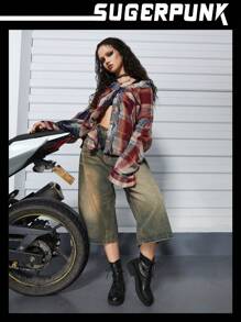 Sugerpunk 女士户外圆头厚底纽扣 PU 皮革时尚简约休闲/派对黑色短靴，后拉链秋季