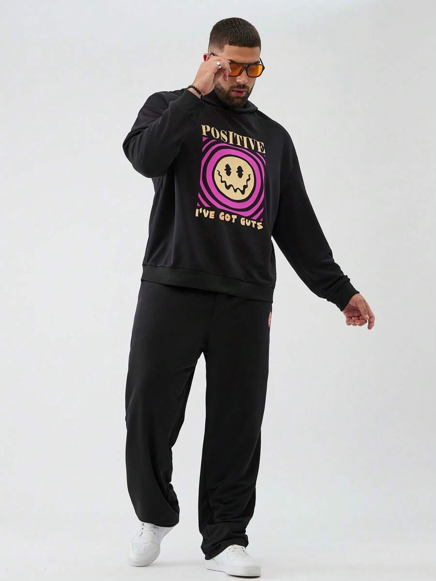 Mainfolk Plus Size Men Loose Knitted Letter Graphic Hoodie And Sweatpants Two-Piece Set, For Fall Winter - Black - View 1