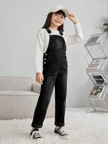Tween Girl Plain Washed Denim Jumpsuit With Pockets & Thick Suspender Straps - Black - View 3