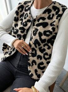 Firerie 女式单排扣豹纹泰迪羊毛休闲背心夹克，秋冬 - 彩色 - 查看 7