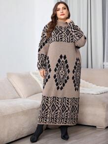 Lacomfia Váy suông cổ cao họa tiết khối màu cỡ lớn, cho mùa đông - Màu nâu  Mocha - Xem 3