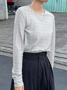 FRIFUL Women Crew Neck Long Sleeve Fitted Shiny Casual T-Shirt - White - View 6