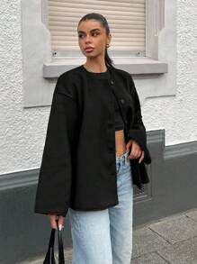 SHEIN EZwear 女式前扣长袖休闲衬衫（配围巾） - 黑色 - 查看 5