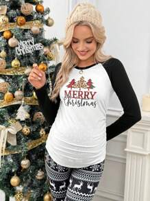 SHEIN Maternity Colorblock Raglan Sleeve Ruched Tee, Christmas Sleeve Color Block Print Slim Fit Long Sleeve T-Shirt - Black and White - View 5