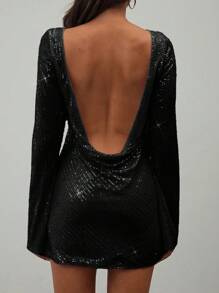 Aloruh 女士深 V 领露背亮片迷你派对连衣裙 - 黑色 - 查看 5