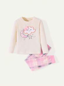 2 件套年轻女孩杏色简约可爱兔子印花紧身长袖运动衫和长裤休闲家居服套装 - 杏色 - 查看 4