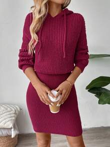 SHEIN LUNE 女式纯色连帽长袖休闲基本款毛衣连衣裙，秋冬 - 酒紅色 - 查看 4