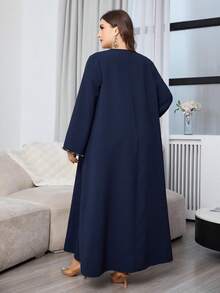 Al Najma Váy Ả Rập tay dài trơn cỡ lớn có viền ren, Thu/Đông, Váy dài giản dị, cho tiệc tối/thường ngày - Màu xanh hải quân - Xem 2