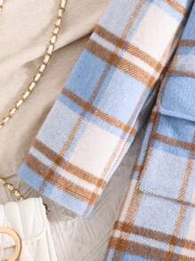 SHEIN Tween Girl Plaid Print Lapel Collar Ruffle Trim Flap Pocket Pea Overcoat - Multicolor - View 5