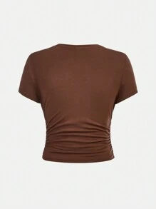 SHEIN Girlism 2pcs Teen Girl Set: Solid Casual Ruched Tee & Flared Low-Rise Pants