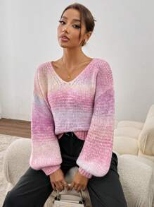 Chiquease Sweter damski z dekoltem w serek ombre, długimi rękawami i opadającymi ramionami, luźny, na jesień/zimę, dzianinowy - Różowy - Zobacz 5