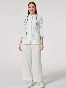TaskEZ 1 Set Solid Color Long Sleeve Long Pants Uniform Button White Lab Coat Nurse Uniform Dental Clinic Pet Hospital Work Uniform Scrub Set With Pockets (Top And Pants) - White - View 1