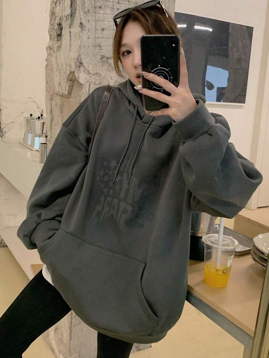 DAZY 女士长袖连帽印花休闲运动衫、秋季连帽衫、长袖上衣 - 灰色 - 查看 1