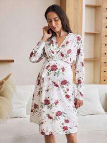 SHEIN Maternity Floral Dolman Sleeve Wrap Tie Front Nursing Dress For Pregnant Women, Autumn