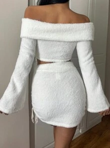 SHEIN EZwear 女士休闲白色蓬松露肩短款上衣和侧抽绳下摆裙子套装，秋冬 - 白色 - 查看 2