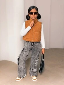SHEIN Tween 女童纯色立领无袖加垫背心，适合秋冬季休闲穿着 - 棕色 - 查看 6