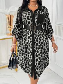 SHEIN Lady Spring And Summer Autumn And Winter Elegant Leopard Print Woven Shirt Collar Shirt Sleeve Pocket Shirt Dress Midi Long Sleeve Plus Size Dresses