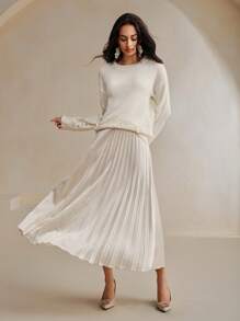 Anewsta Women Crochet Lace Drop Shoulder Loose Solid Color Sweater